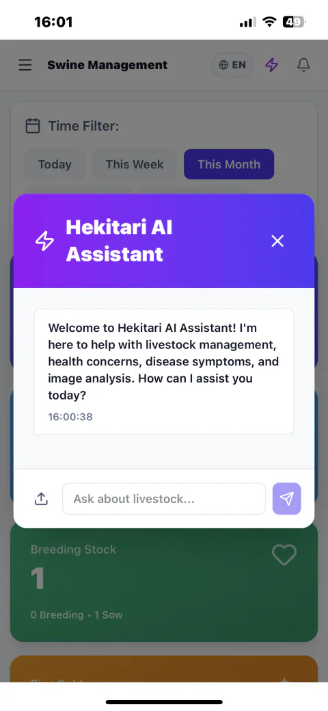 Hekitari Livestock Management AI assistant answering a herd management question