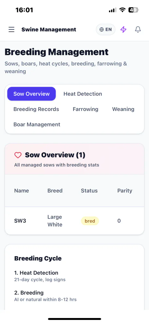 Hekitari Livestock Management breeding calendar with pregnancy tracking and calving alerts