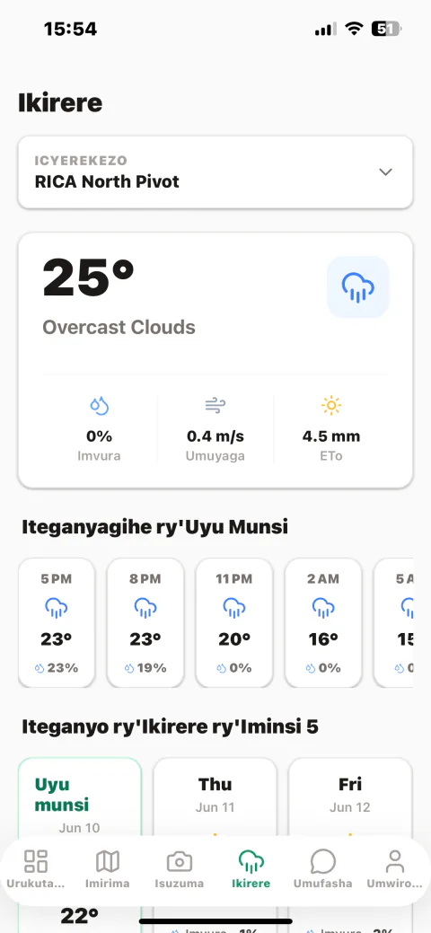 Smart Farm Manager weather screen with hyperlocal forecast and farm advice